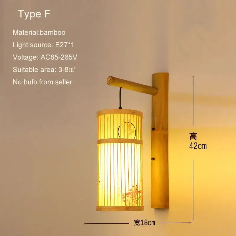 Natural bamboo wall sconce with cylindrical vertical slats and warm yellow light for retro bedroom bamboo wall lights