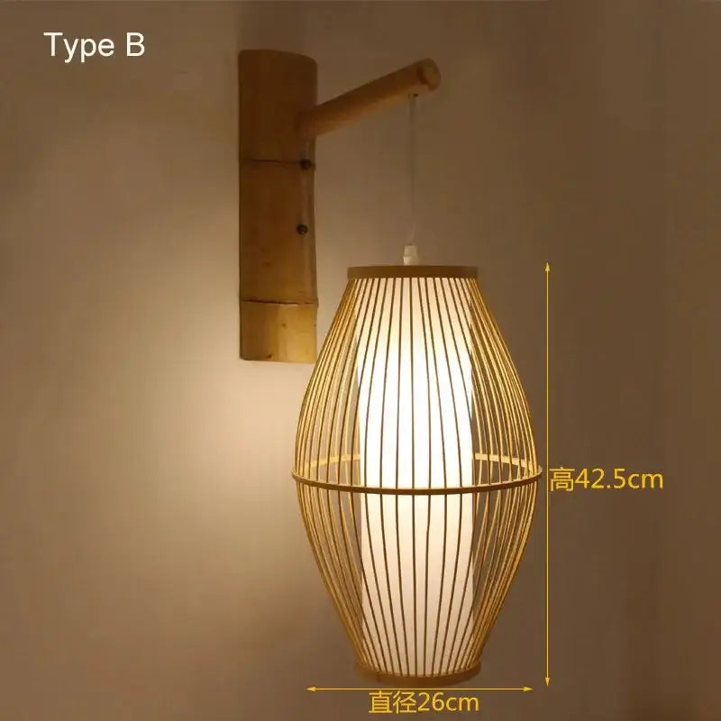 Natural bamboo wall lights featuring a woven tapered rattan lantern design for bedroom wall lamps