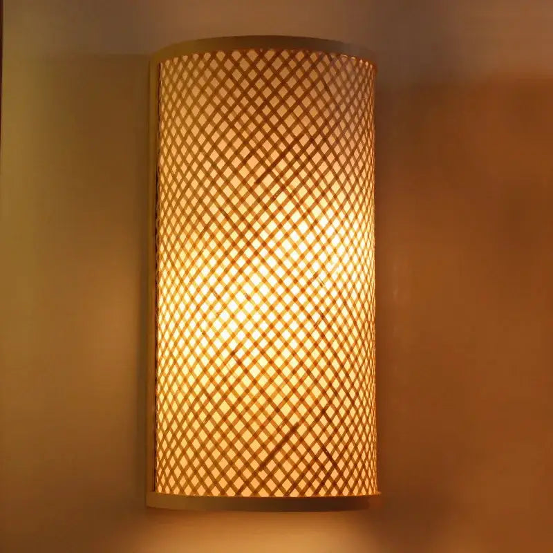 Warm-toned retro bamboo wall light with a woven bamboo lattice design ideal for bedroom wall lamps