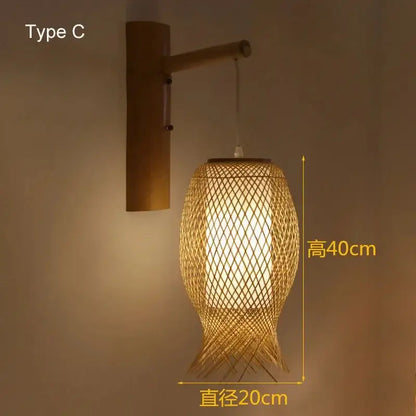 A warm-toned bamboo wall light with a woven lattice design and tapered shape for bedroom wall lamps