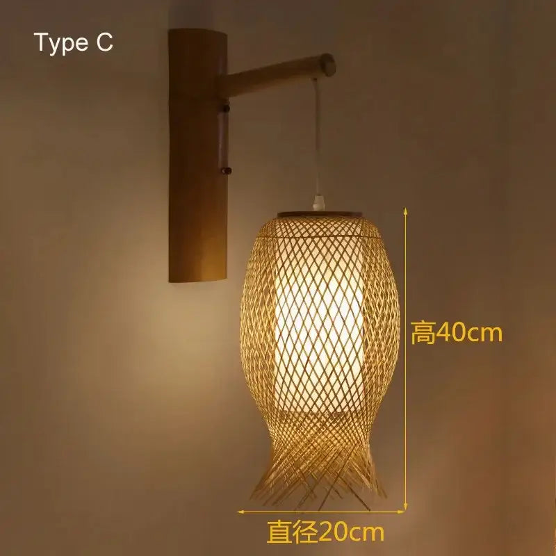 A warm-toned bamboo wall light with a woven lattice design and tapered shape for bedroom wall lamps