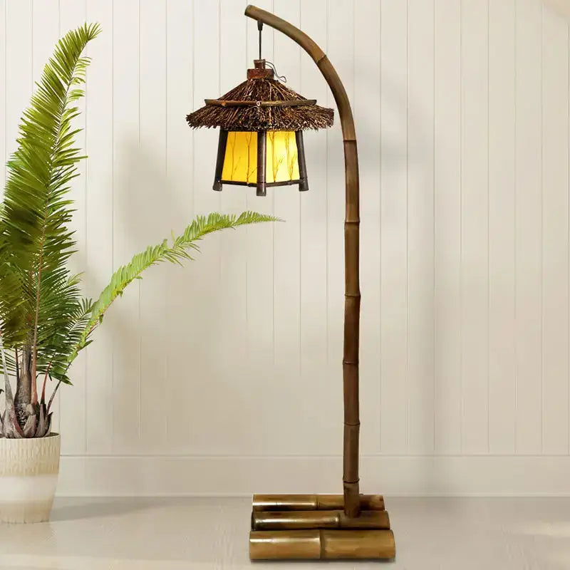 Retro bamboo weave floor lamp with thatched roof lantern and warm amber glass panels for zen living room ambiance