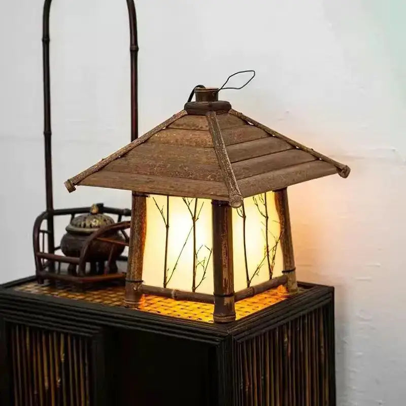 Rustic wooden floor lamp with bamboo weave frame and warm glowing light for zen living room ambiance