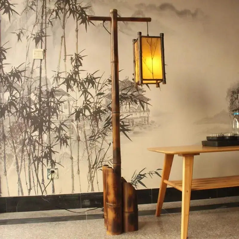 Retro bamboo weave floor lamp with warm yellow lantern and bamboo weave floor design for zen living room lighting