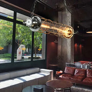 Retro bar industrial metal cage chandelier dining room pendant light with cylindrical cage and exposed filament bulb by decorbites industrial