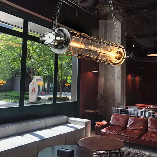 Retro bar industrial metal cage chandelier dining room pendant light with cylindrical cage and exposed filament bulb by decorbites industrial