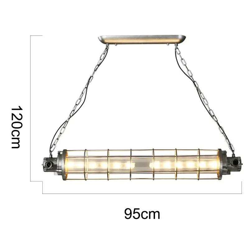 Industrial chandelier by decorbites with a rectangular metal cage and warm led bulbs for dining room pendant lighting