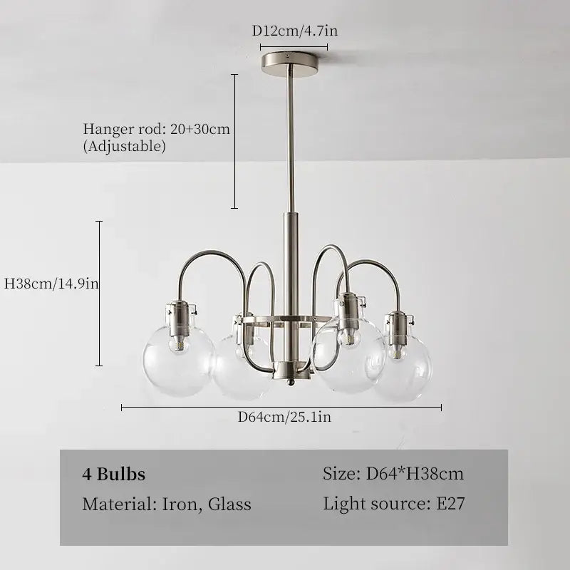Modern retro bauhaus brass glass led chandelier with four clear glass globe bulbs on curved iron arms for dining room