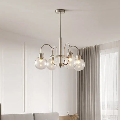 Modern brushed nickel retro bauhaus brass glass led chandelier with five clear glass globe bulbs for dining room