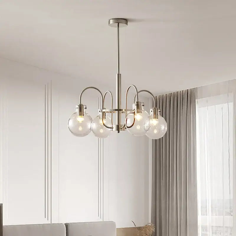 Modern brushed nickel retro bauhaus brass glass led chandelier with five clear glass globe bulbs for dining room