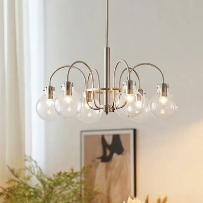 Modern brushed nickel retro bauhaus glass led chandelier with six clear globe bulbs and curved metal arms for dining room