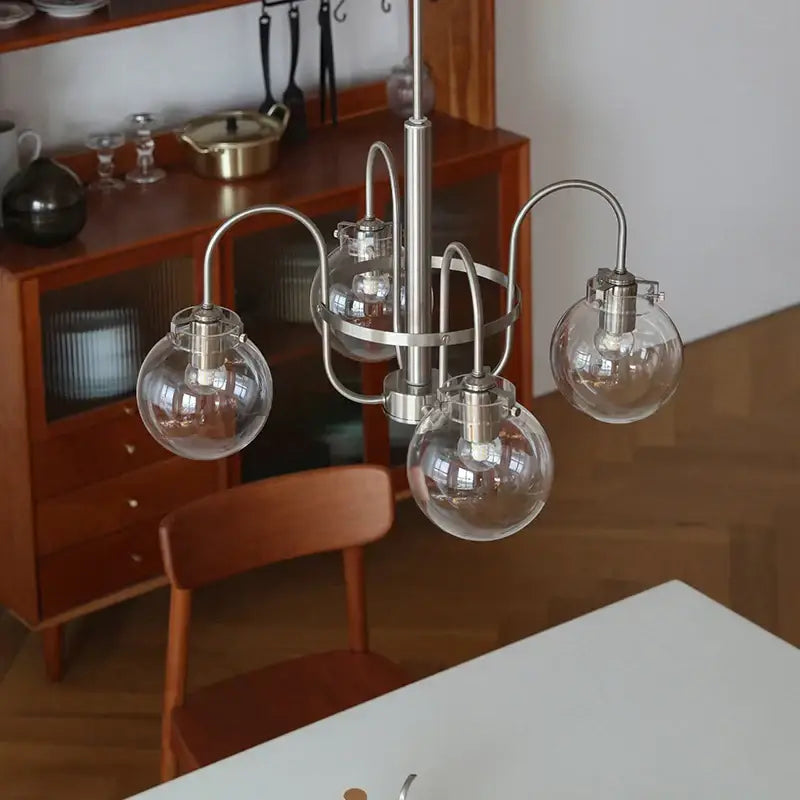 Modern brushed stainless steel retro bauhaus brass glass led chandelier with clear glass globe shades for dining room
