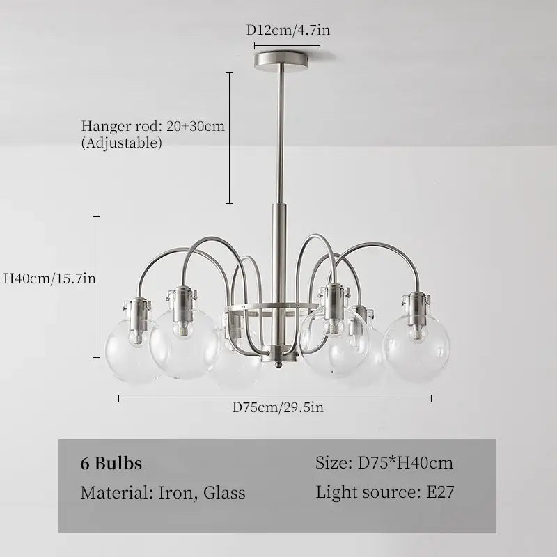 Retro bauhaus brass glass led chandelier with six clear glass globe bulbs and sleek iron frame for dining room use