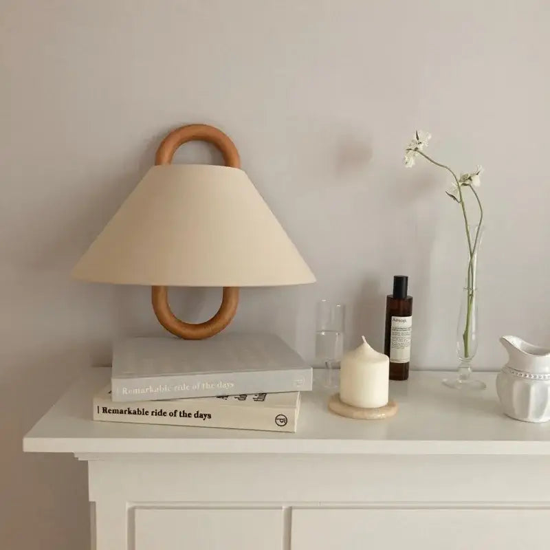 Beige retro beech wood wall lamp with wooden ring handle and conical cream shade for bedroom sconce lighting