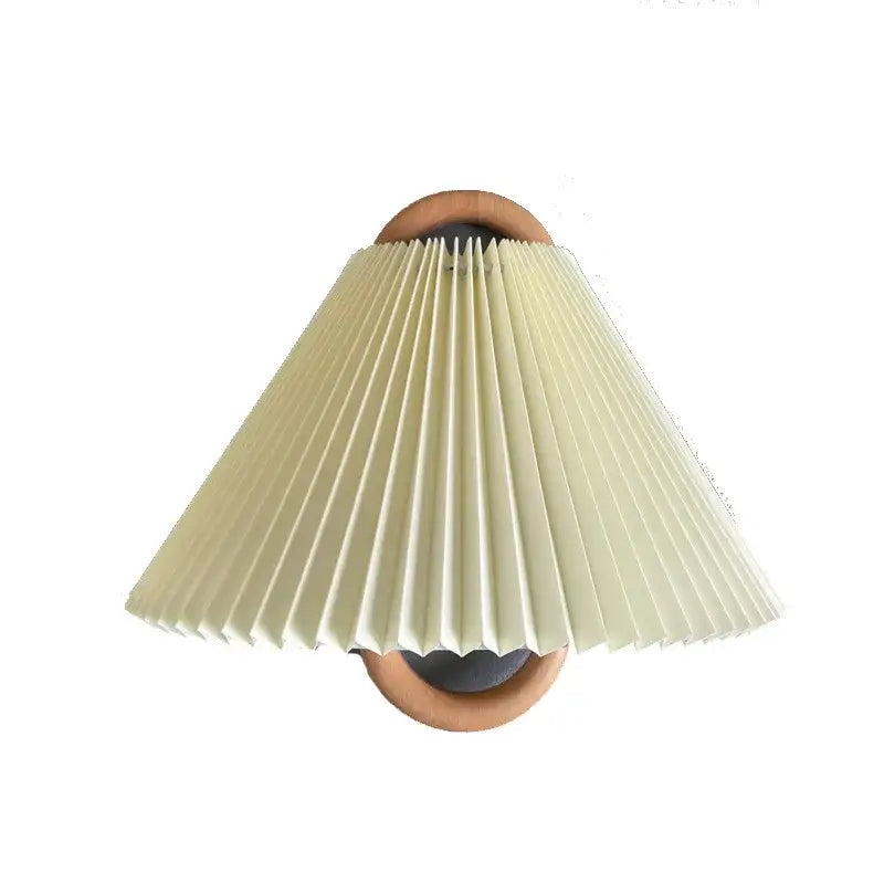 Retro beech wood wall lamp bedroom sconce with cream pleated lampshade and wooden circular frame