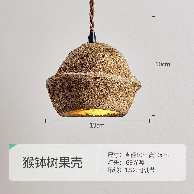 Retro beige cork fruit shell bedside pendant light with natural brown fibrous exterior and illuminated golden interior