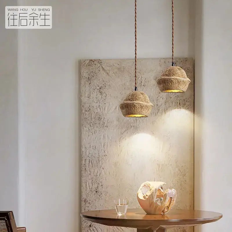 Two beige woven pendant lights with textured rope cords for retro decorbites fruit shell bedside use