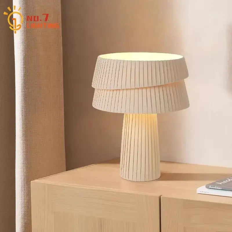 Retro beige pleated mushroom table lamp with warm diffused glow in ceramic for cozy bedroom decorbites cream wind style