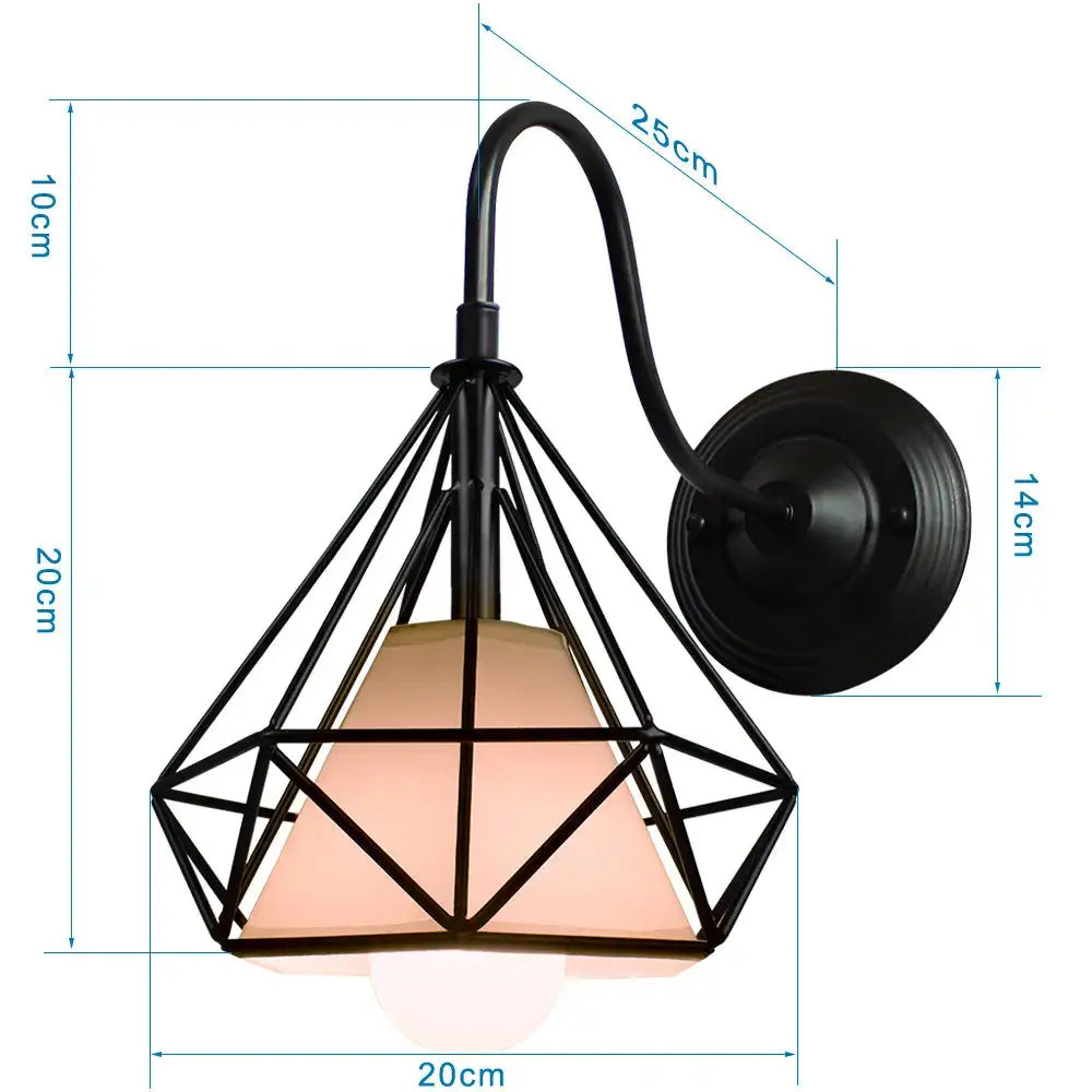 Retro black cage guard wall sconce featuring a black metal diamond frame and warm-toned glass shade for decorbites wall sconce
