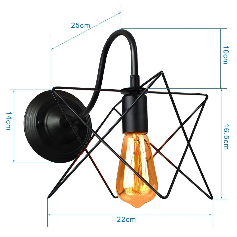 Retro black cage guard wall sconce featuring a star-shaped metal design with exposed filament edison bulb decorbites black cage