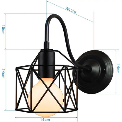 Retro black cage guard wall sconce with geometric wrought iron design and warm-toned bulb for bedroom decorbites black cage