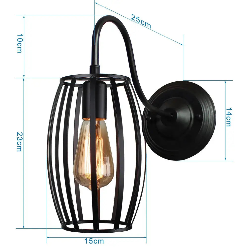 Retro black cage guard wall sconce featuring a black wrought iron cage design and exposed filament edison bulb for bedroom decorbites decor