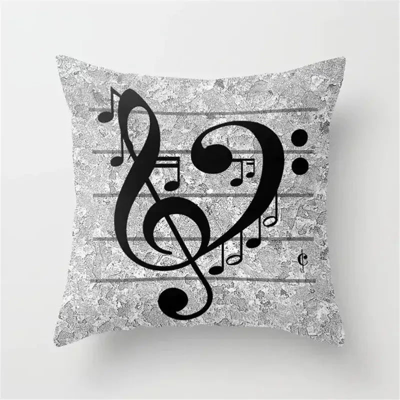 Square cushion cover with black bass clef and musical notes on textured silver-gray fabric for living room decor