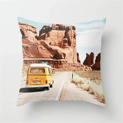 Square throw pillow cushion cover with yellow vintage van on desert road design for living room decor black camera print