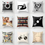 Black and white cushion cover featuring a stylized vinyl record illustration for retro black camera print decor