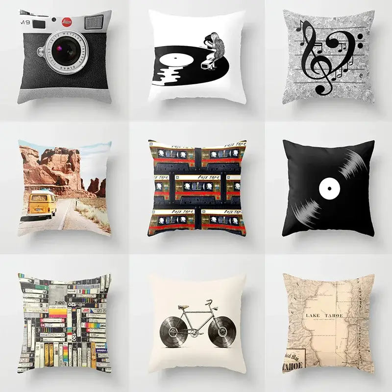 Black and white cushion cover featuring a stylized vinyl record illustration for retro black camera print decor