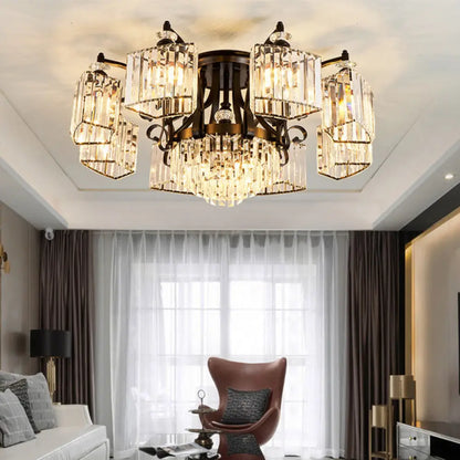 DecorBites™ DecorBites™ Retro Black Crystal Semi Flush Chandelier for Tiered Living Room Ceiling