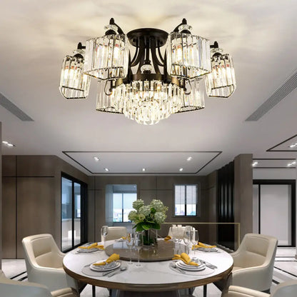 DecorBites™ DecorBites™ Retro Black Crystal Semi Flush Chandelier for Tiered Living Room Ceiling