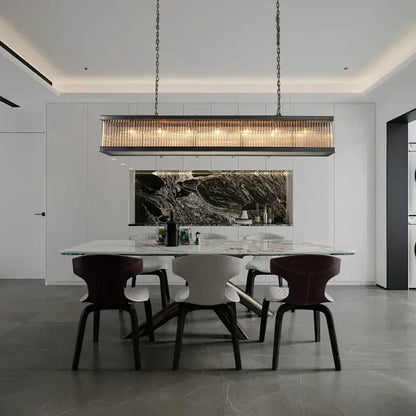 Retro black decorbites crystal rectangle chandelier with dark metal frame and vertical glass rods for dining room lighting