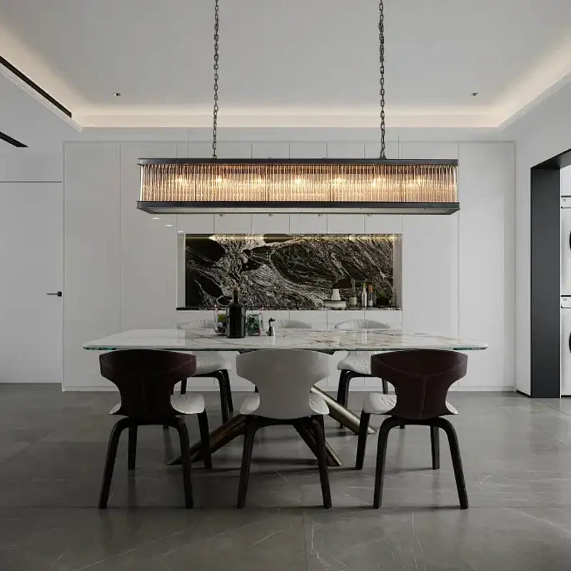 Retro black decorbites crystal rectangle chandelier with dark metal frame and vertical glass rods for dining room lighting