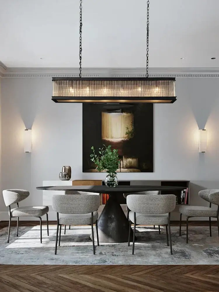 A modern retro black decorbites crystal rectangle chandelier with black metal frame and vertical glass rods for dining room