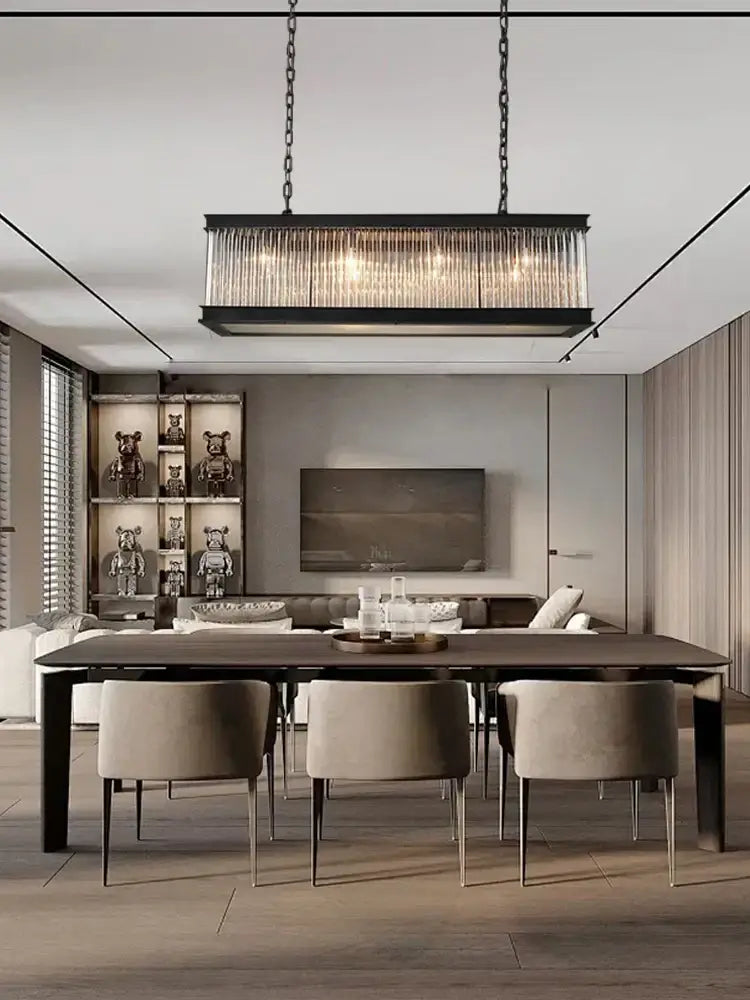 Retro black decorbites crystal rectangle chandelier with black frame and vertical glass rods for dining room lighting