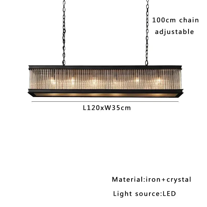 Retro black decorbites crystal rectangle chandelier with vertical crystal rods and led lighting for dining room