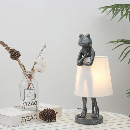 Black metallic frog resin desk lamp with white fabric shade suitable for bedroom decorbites frog resin lighting