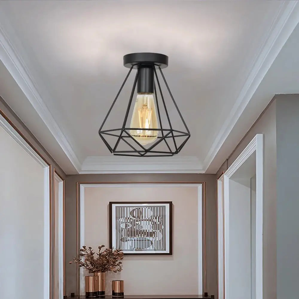 Retro black geometric iron cage ceiling lamp with exposed filament bulb by decorbites iron black for living room decor