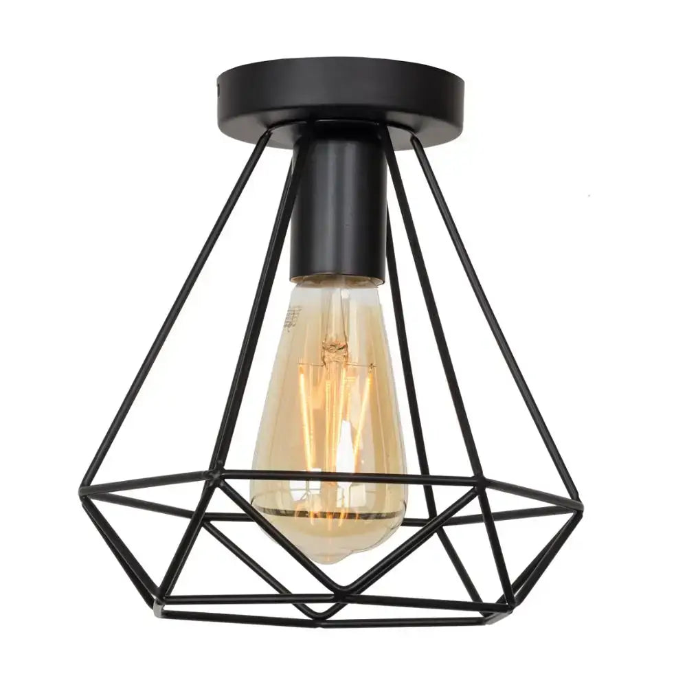 Retro black geometric iron cage ceiling lamp with a warm filament bulb by decorbites iron for living room use