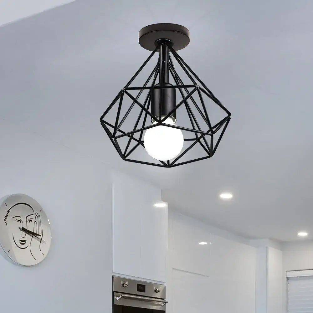 Retro black geometric metal ceiling light fixture with frosted glass bulb and cage design for kitchen ceiling light