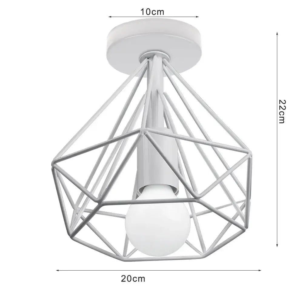 White geometric metal wire cage ceiling light fixture with frosted bulb for retro kitchen lighting