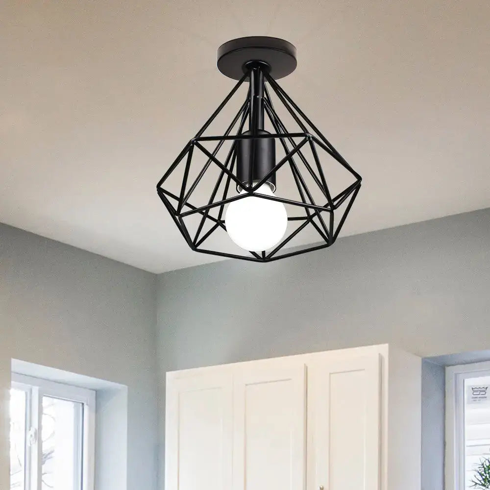 Retro black geometric metal ceiling light fixture with central bulb and glass shade for kitchen ceiling light