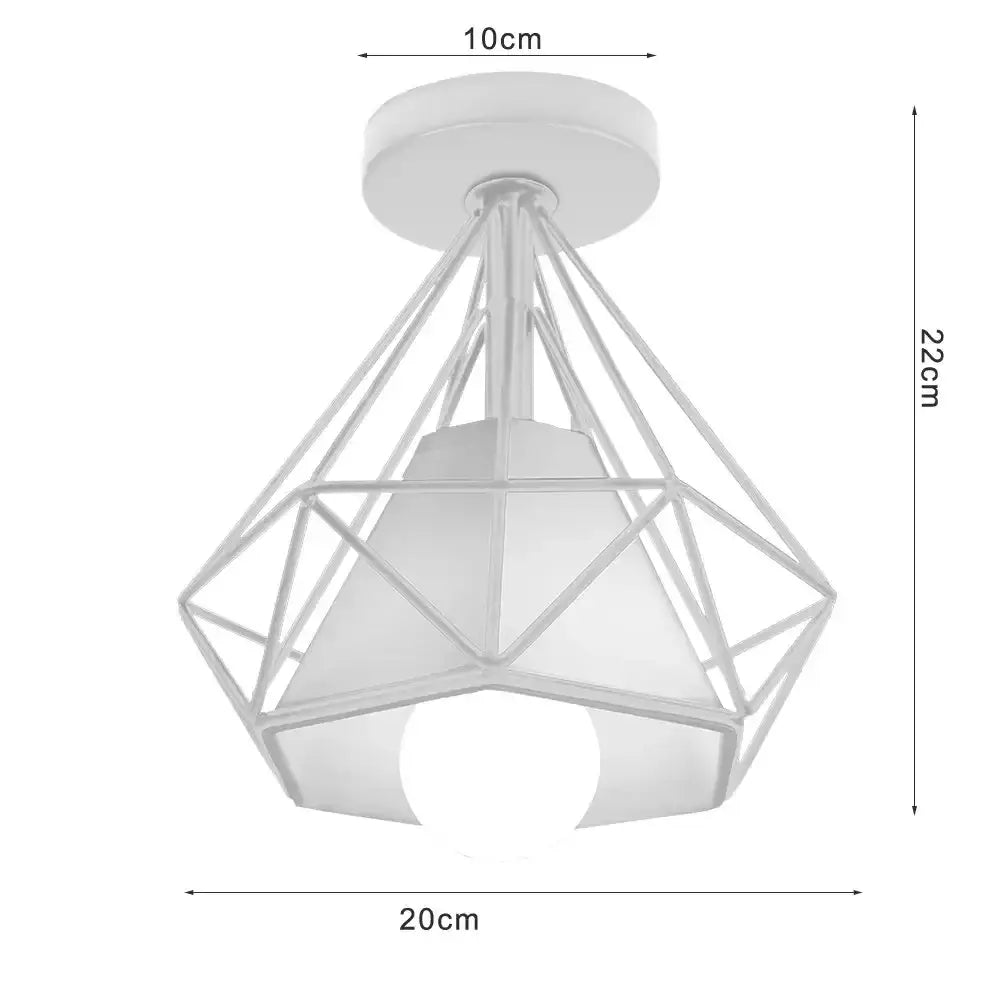 White geometric metal ceiling light fixture with frosted glass shade for kitchen or retro interior lighting