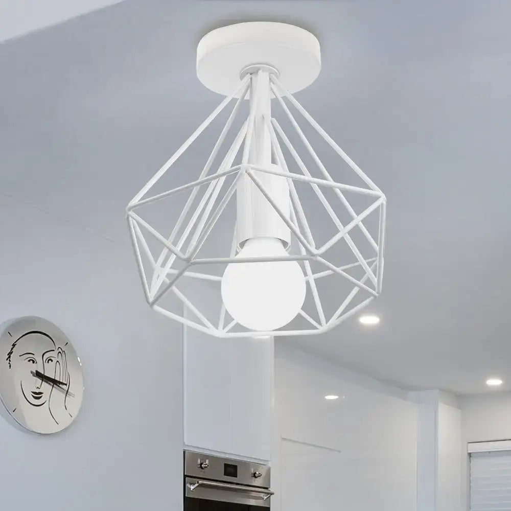 Retro black geometric metal ceiling light fixture with white wireframe and frosted bulb for kitchen ceiling light
