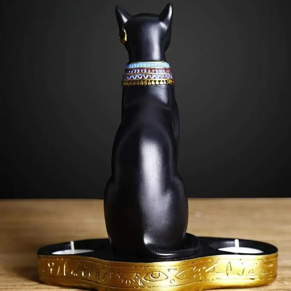 Retro black cat goddess candle holder with gold-embossed base and multi-colored beaded collar for living room decor