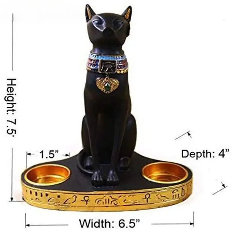 Retro black and gold cat goddess candle holder featuring a black cat figurine with gold accents and ancient egyptian hieroglyph base
