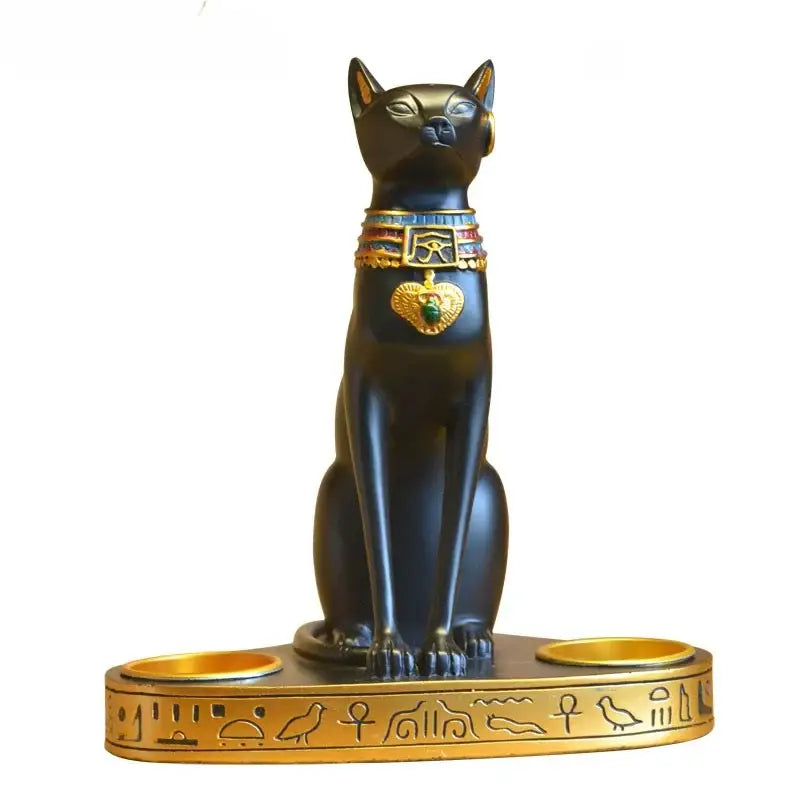 Retro black cat goddess candle holder with gold accents, hieroglyphics, decorative collar, and heart pendant for living room decor