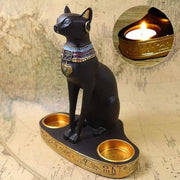 Retro black and gold cat goddess candle holder featuring a resin dual-tea light goddess candle with hieroglyphics