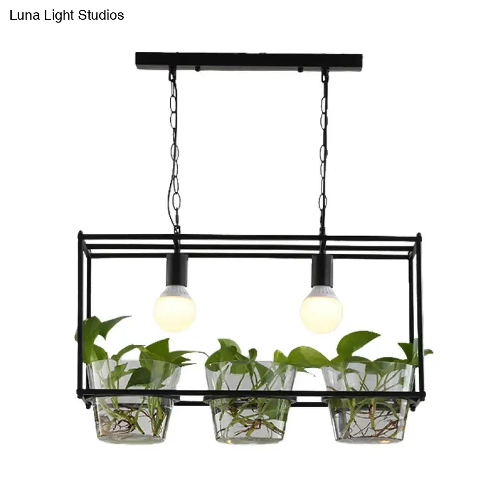 Black metal rectangle island ceiling light with three clear glass planters and two exposed bulb fixtures for dining room